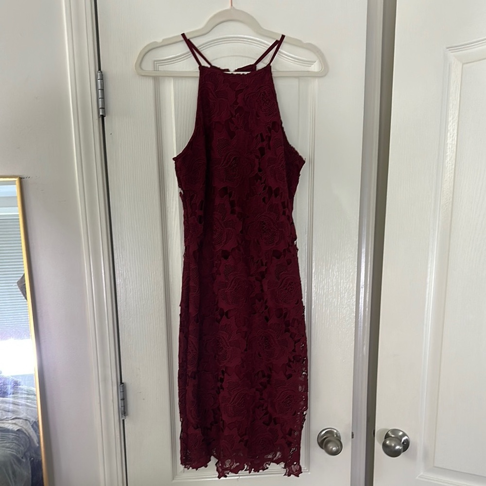 Just Me Burgundy Floral Lace Midi Dress